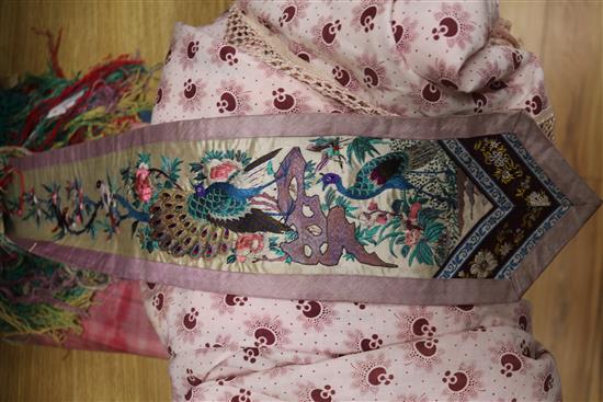 A Chinese embroidered silk bed cover and a similar table frontal shawls